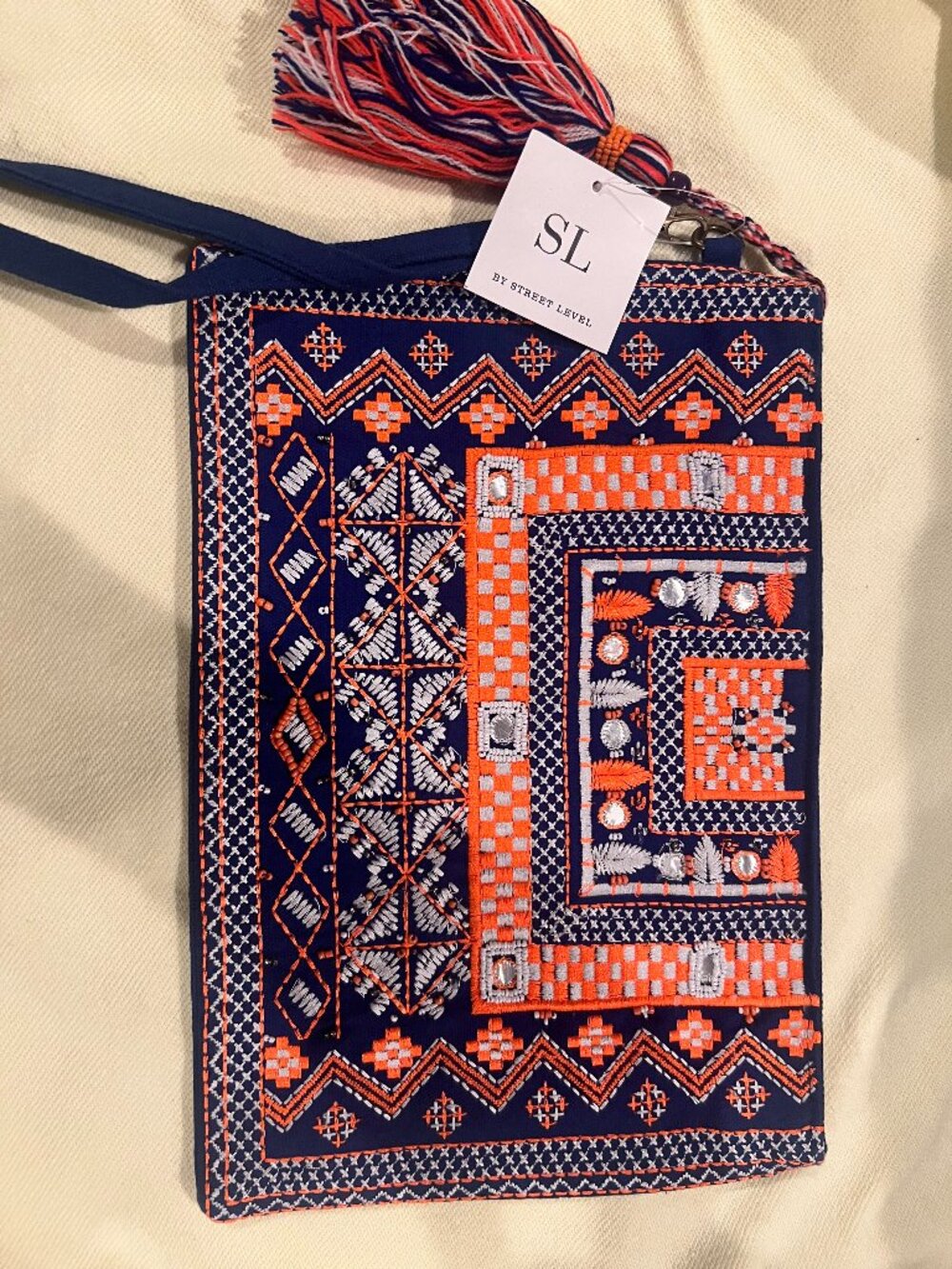 NWT SL By Street Level Royal Blue Orange Embroidered Mirror Clutch Pouch